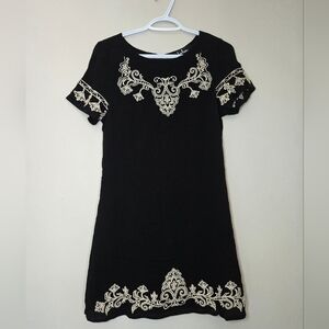 Lulu's Black A Line Mini Dress with Cream Embroidery - Fully Lined